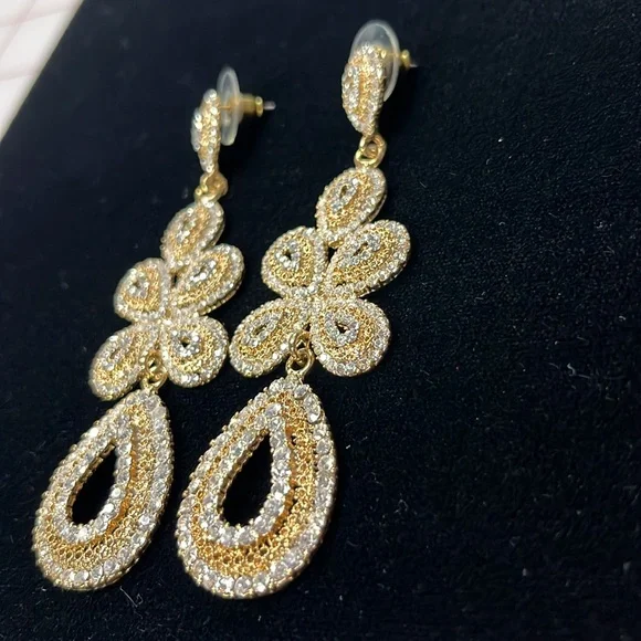 RHINESTONE/GOLD EVENING 3" Drop Glamour Party Wedding Pierced Cocktail Earrings - Picture 6 of 11